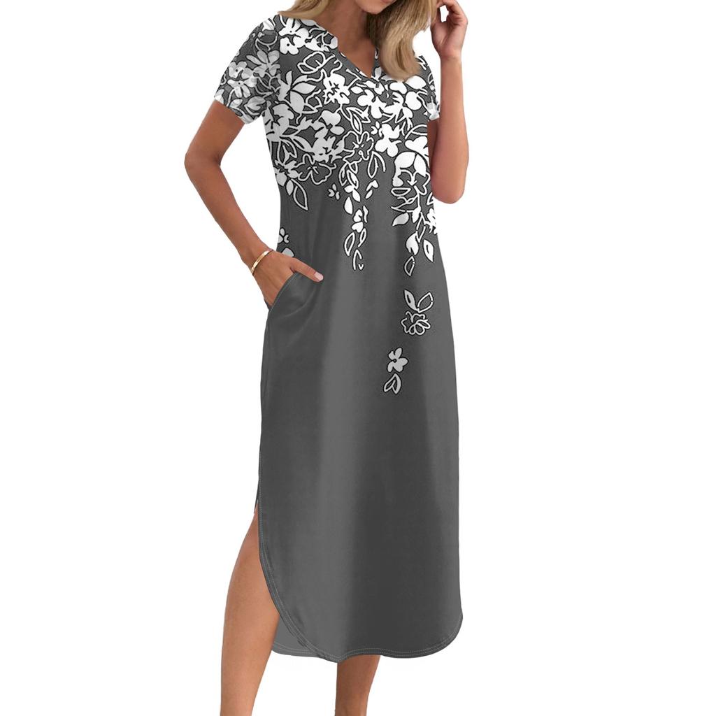 Women's Long Skirt Casual V-neck Long Shirt Dress Loose Slit Holiday Short Sleeve Dress