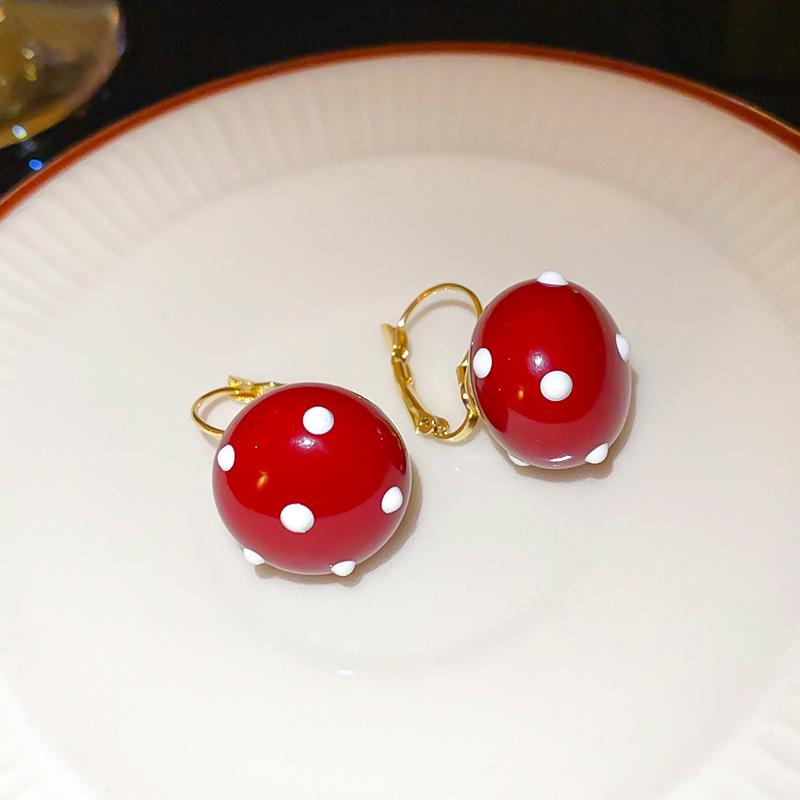 14K Gold Plated Copper Red Enamel Polka Dot Ball Hoop Earrings For Women Girls Casual Fashion Jewelry