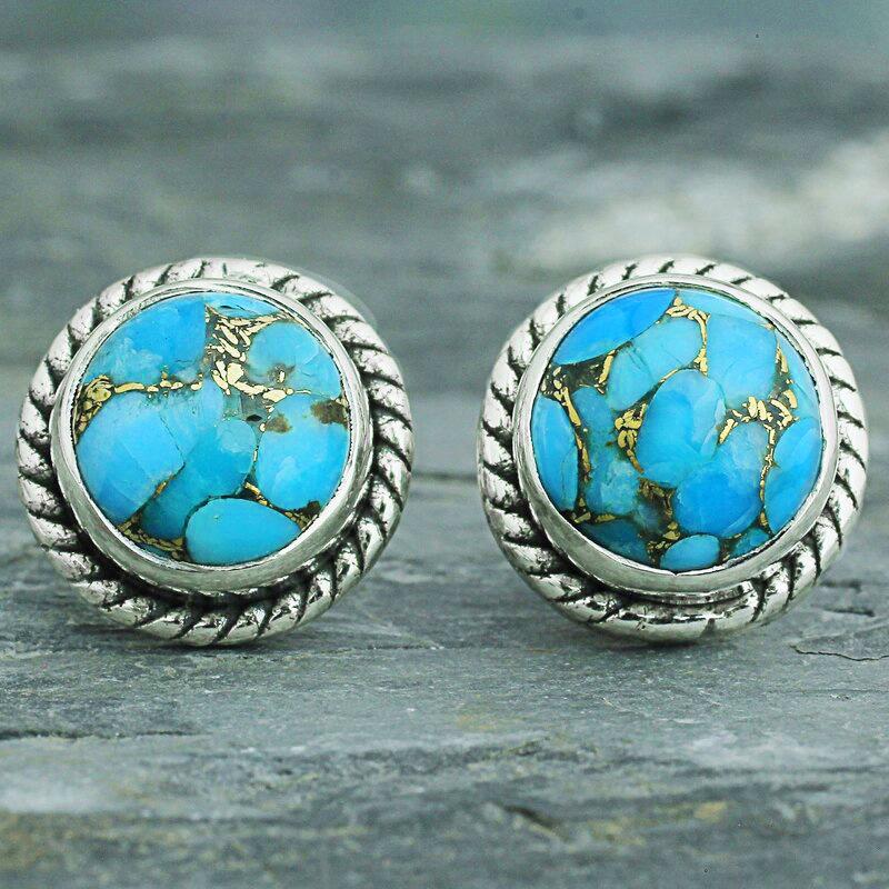 Vintage Twisted Rope Frame Round Copper Matrix Turquoise Piercing Stud Earrings Oxidized Silver Bohemian Ladies Accessories