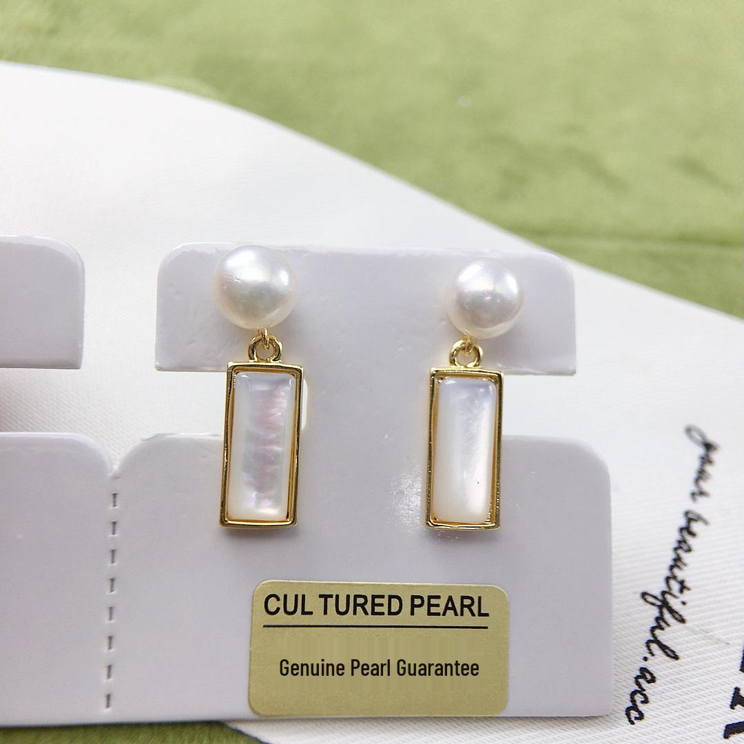 Natural Freshwater Pearl & Seashell Geometric Long Bar Earrings - High Quality