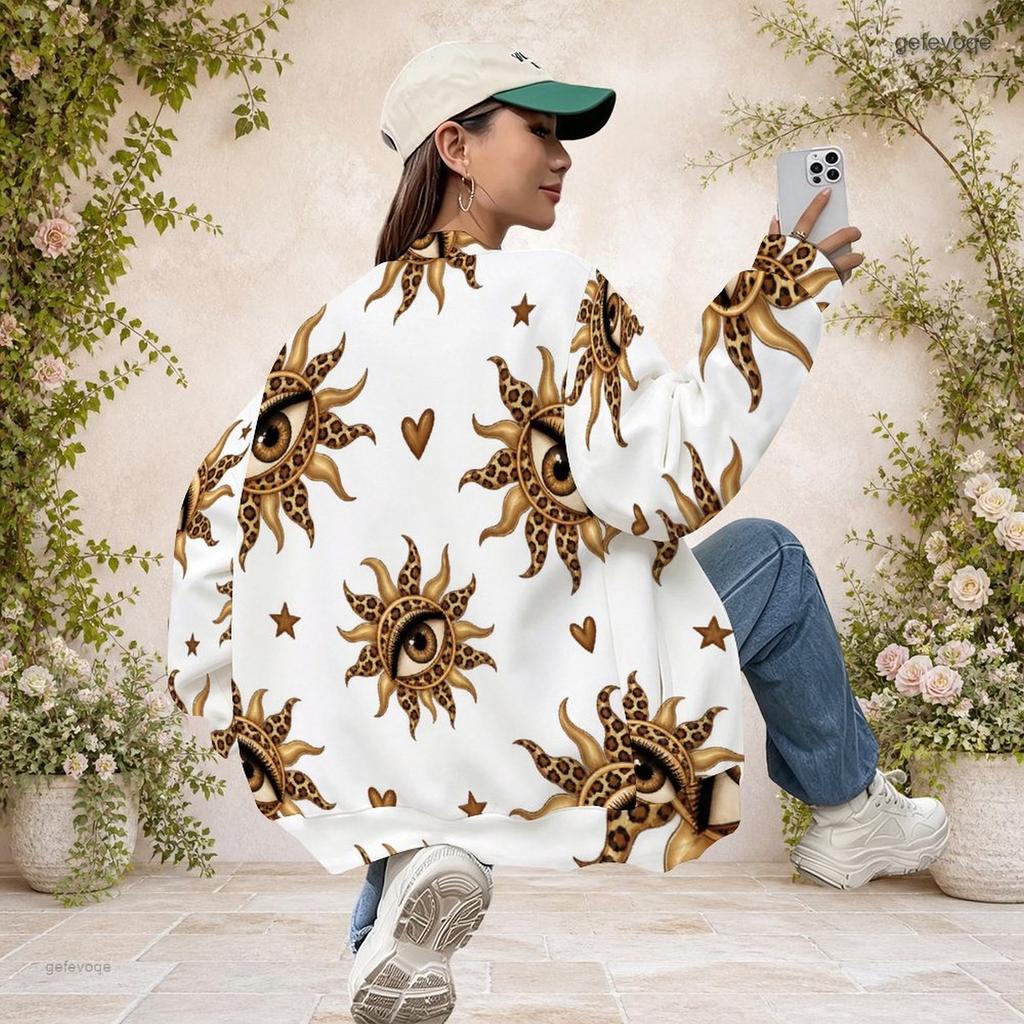 Women Plus Size Baseball Collar Printed Long Sleeve Button Front Varsity Jacket White With Pockets