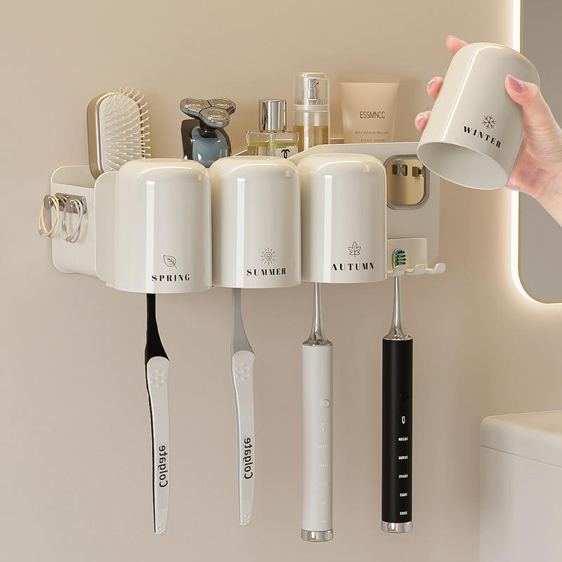 Wall Mounted Toothbrush Holder with Cup Automatic Toothpaste Squeezer Dispenser Suction Cup Bathroom Storage Rack Box for Family