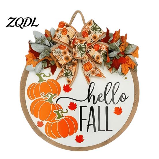 Harvest Festival Decor Hello Fall Door Hanger, Wooden Pumpkin Welcome Sign with Bow, Solid Wood Home Rustic Autumn Wreath for Thanksgiving Front Porch
