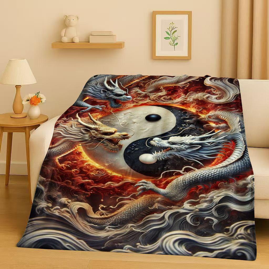 HD Yin Yang Element Dragon Chinese Loong Cartoon Flannel Blanket,Ultra Soft Warm Plush Throw for Home Bedroom Bed Sofa Cover Kid