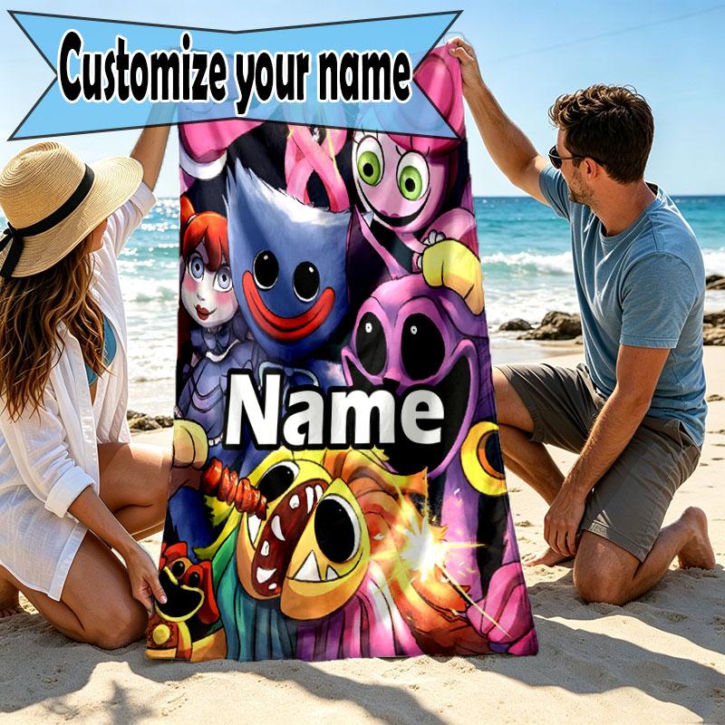 Custom Name Personalized Poppy Playtime Print Beach Towel, for Trip Camping Beach Party Home Decor, Birthday Gift for Family & Friends