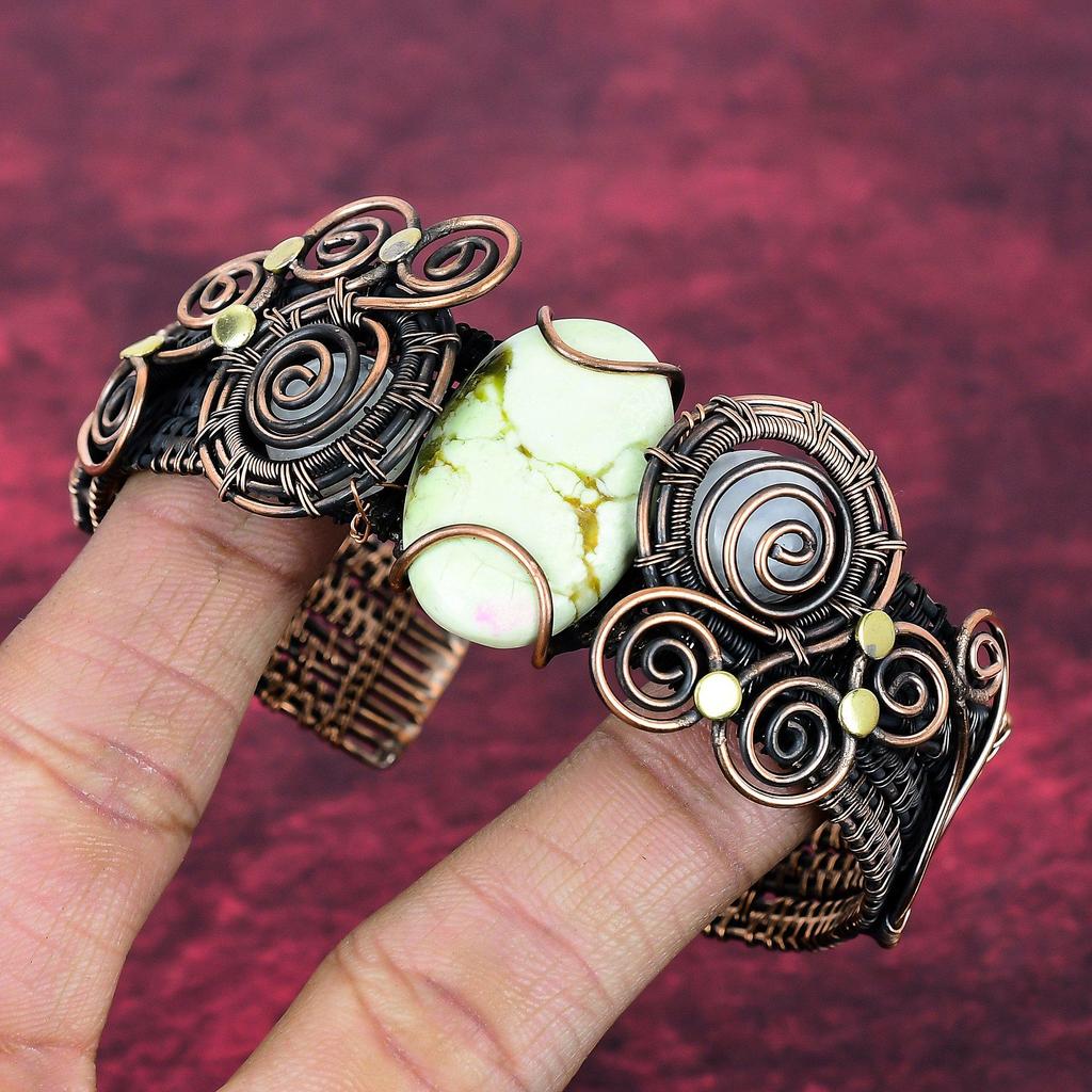 Lemon Chrysoprase & Moonstone Cuff Bracelet Copper Wire Wrapped Adjustable Bangle