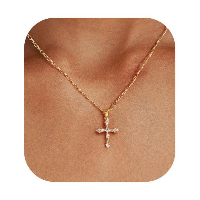 18K Gold Figaro Necklace with Zircon Cross - Non-Fading Stainless Steel Chain for Women