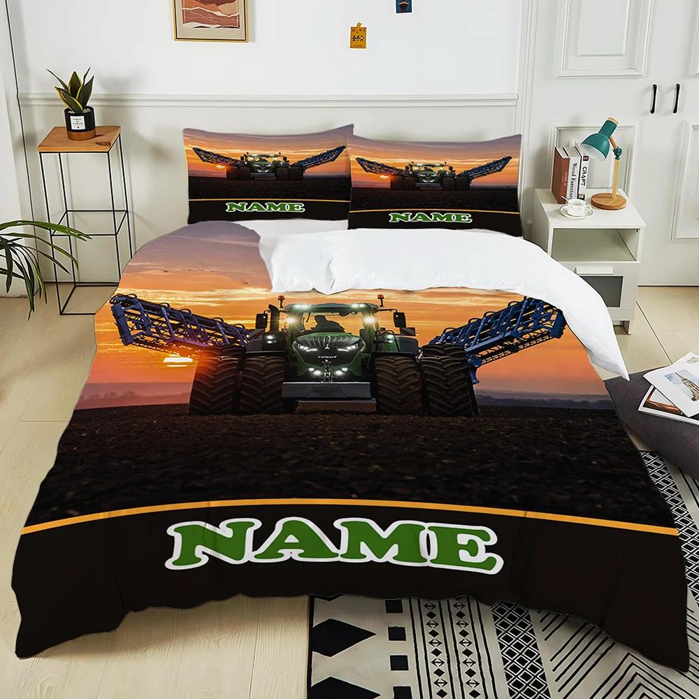 New! Personalized Custom Name Retro Tractor Pattern Printed Bed 3-piece Set Children Adult Soft Bedding Christmas Halloween Gift