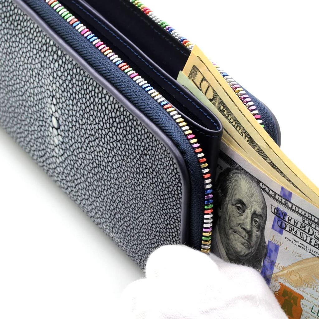 Levetta Rochenleder Langes Portemonnaie, YKK Mix Farben, L-Reißverschluss, Galuchat und Rochen Designs, Marineblau, Für Damen und Herren, Echtes Leder