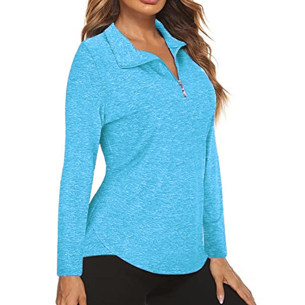 Women's Casual Solid Color Long Sleeve Breathable V-Neck Golf Tennis Running Sweatshirt Zipper Top