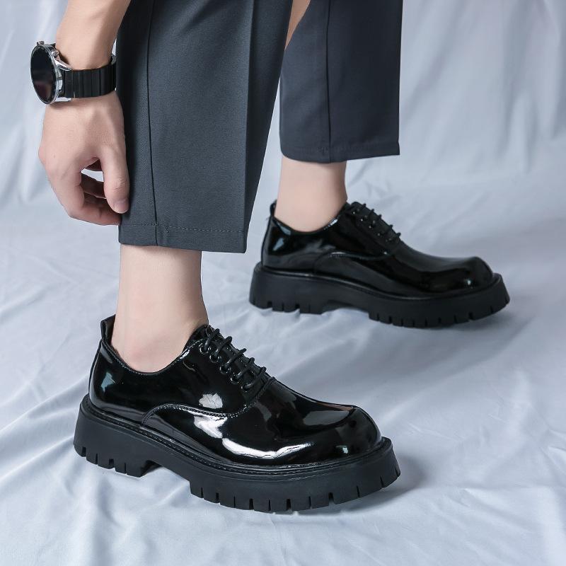 Foreign Trade 2025 Spring and Autumn New Square Head Black Men's Large Size Retro Glossy Thick Sole Heightening with Wedding Groom Leather Shoes