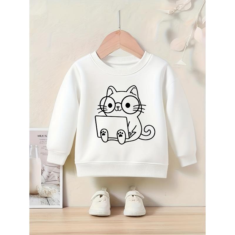 Geometric Pattern Print Sweatshirt, Girls Crew Neck Long Sleeve Sweatshirt, Suitable for Daily and Outdoor Wear 110 белый