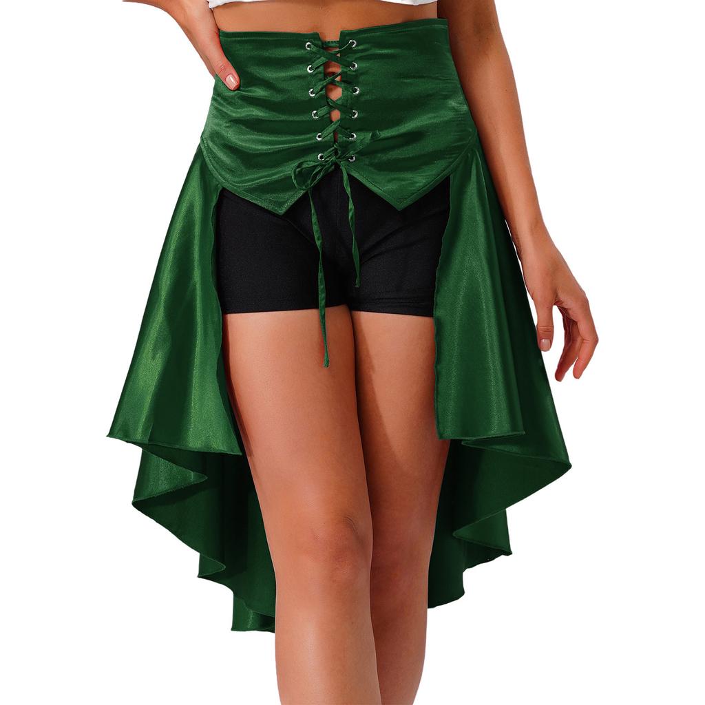 S-3XL Womens Gothic Steanpunk Satiny Skirt Front Eyelets Lace-up High-low Hem Tiered Ruffled Irregular Hem Skirt Waist Belt