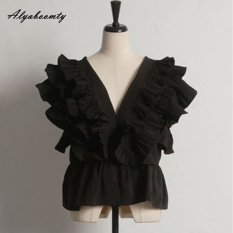 Korean Style Summer Women Stylish Blouse V Neck White Black Layered Ruffles Fashion Shirt Flying Sleeve Feminine Top