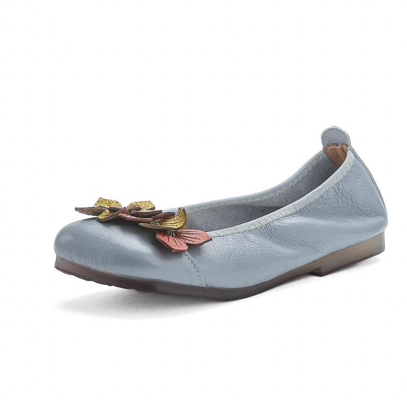 Spring Shallow Mouth Retro Leather Flat Bottom Comfortable Flower Single Shoes Soft Sole Women's Shoes Do Not Fall Off the Heel