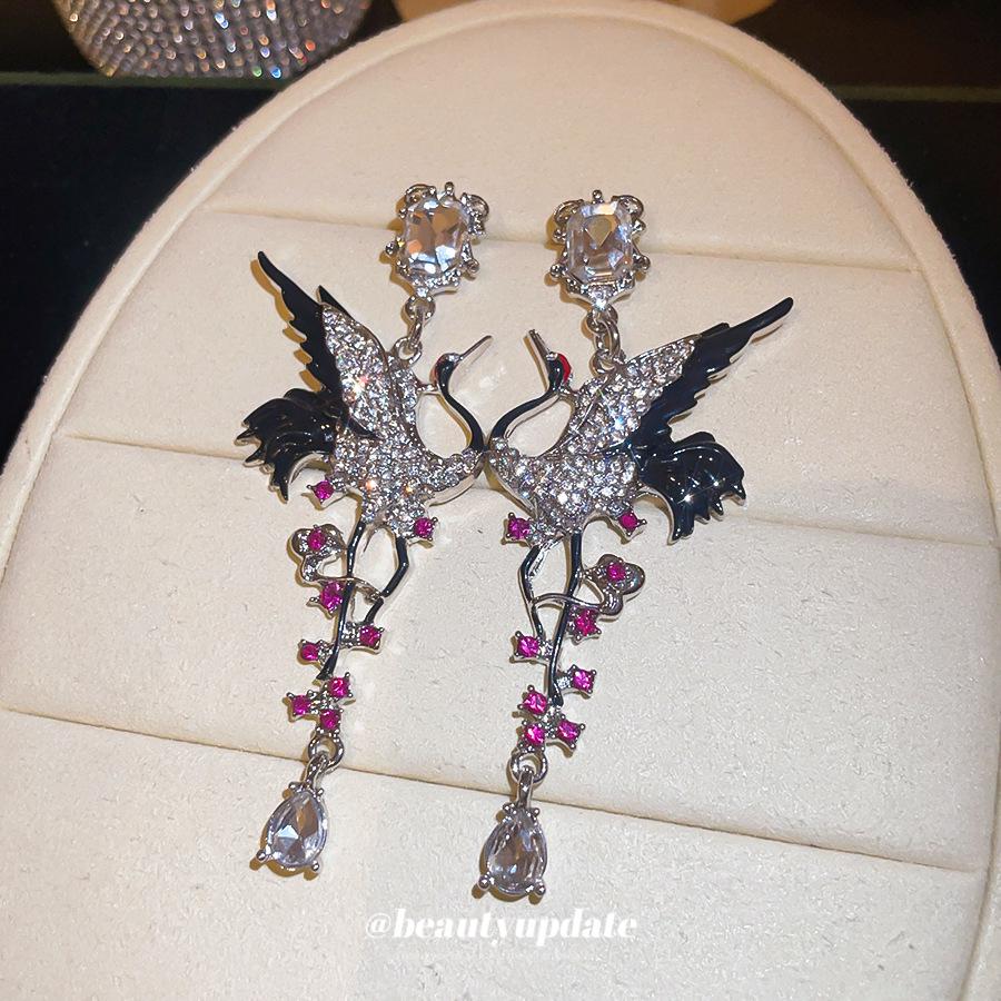 Silver Needle Rhinestone Crane Geometric Drop Earrings for Women