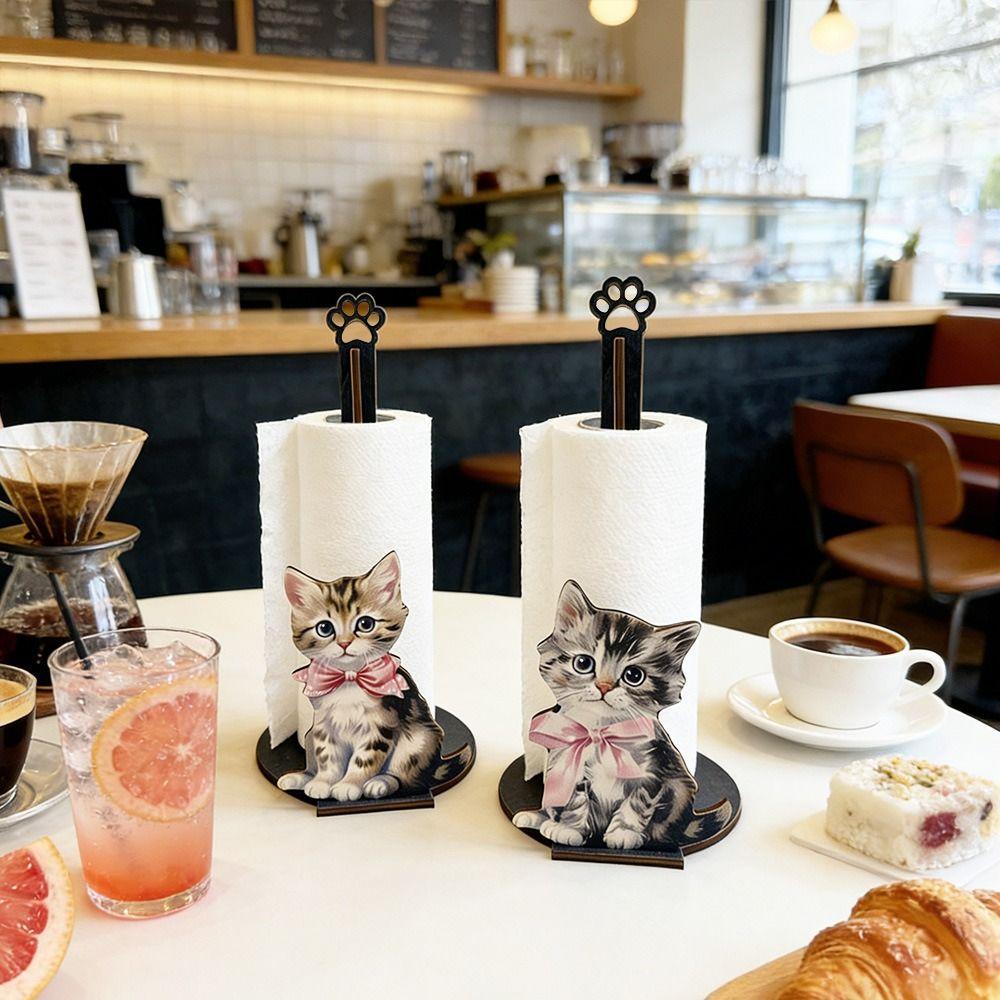 Cute Animal Cat Paper Towel Holder Weighted Base Easy One-Handed Tear Countertop Paper Towel Holder Wooden Rotating Roll