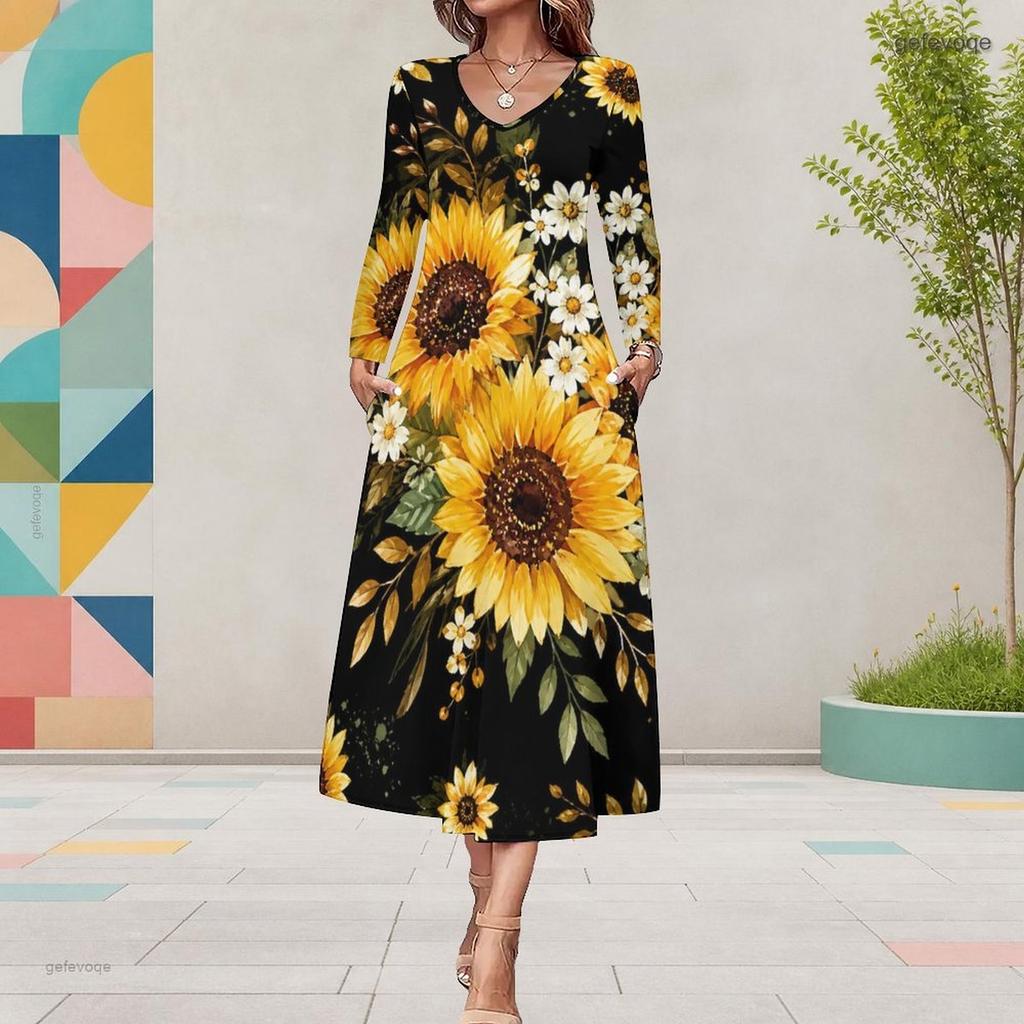 Women Plus Size V Neck Long Sleeve Sunflower Print Black A Line Midi Dress With Pockets