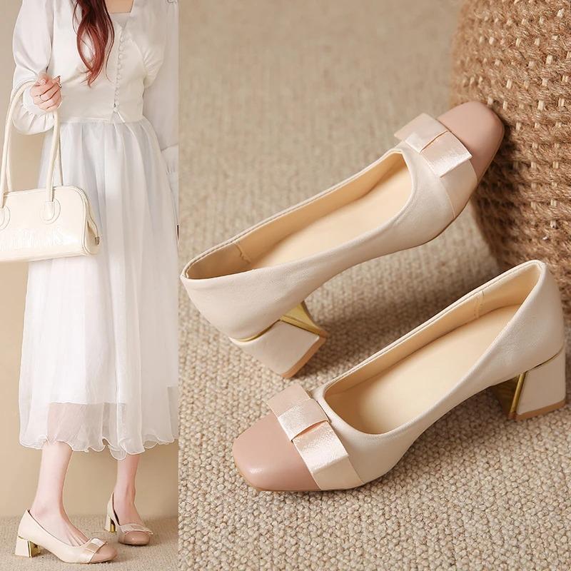 Fashion Autumn New Thick Heel Shoes Women's Fashion Square Head Before and After Butterfly Knot Comfortable Low Top Shoes