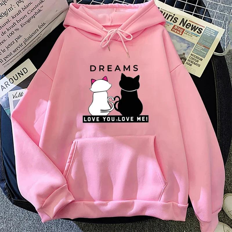 Lover Cats Printed Hoodie Women Casual Oversize Korean Style Fashion O-Neck Long Sleeve Pullover Autumn Winter Fleece Sweatshirt