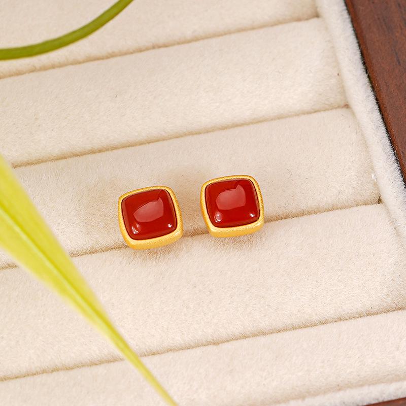 Tichiya Natural Red Agate Square Earrings in S925 Sterling Silver - Retro Chinese Style Sterling Silver 925