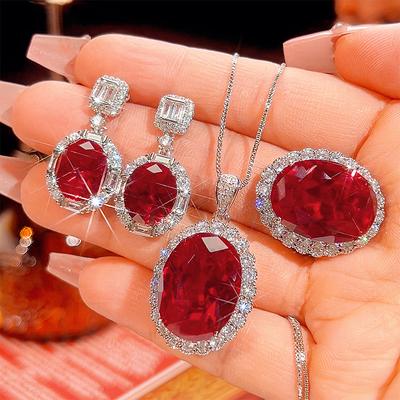 Bijoux Fond Cuivre Plaqué Or Simulation Corindon Rouge Ensemble de Bijoux Haut de Gamme Femme Pierre 15 * 20