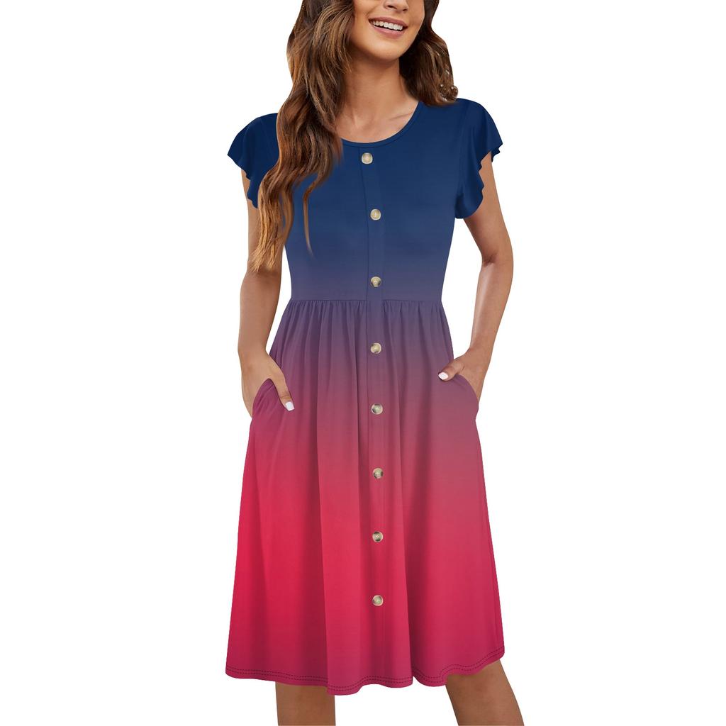 Women's Round Neck Summer Fly Sleeve Casual Printed Loose Button Pocket Midi Dresses