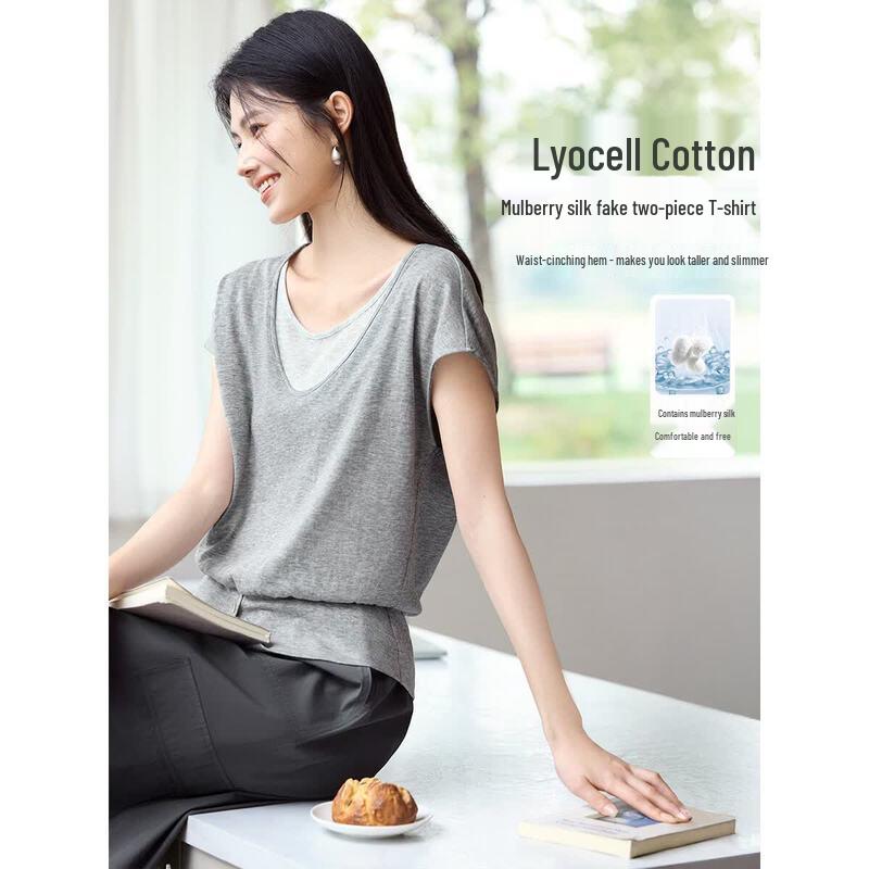 XWI Women s Lyocell Blend Slim-Fit Fake Two-Piece T-Shirt S