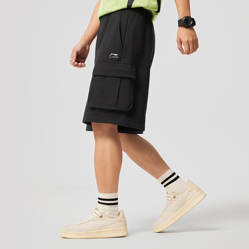 Li-Ning Sports Lifestyle Series Solid Color Mid-Rise Comfortable Breathable Straight Leg Casual Shorts Men Shorts Black AKSV307-4