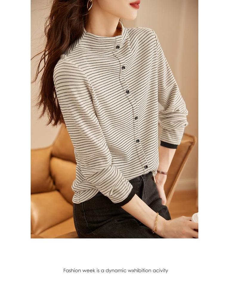 Women's 2023 Winter Color-Block Striped Semi-High Neck Long Sleeve Base Layer Top