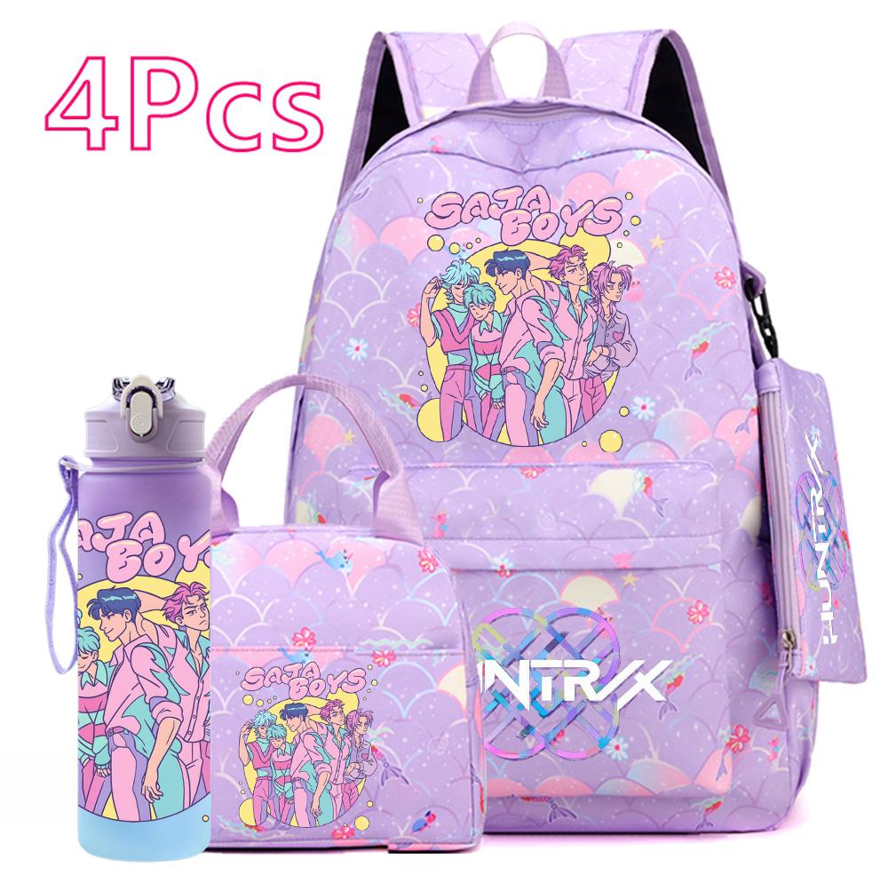 4-teiliges/Set K-POP Bedruckter Rucksack Große Kapazität Schultasche Handtasche Etui Tasche mit 750 ml Wasserflasche Junge Mädchen Schultasche wasserdicht Reisetasche Mochila
