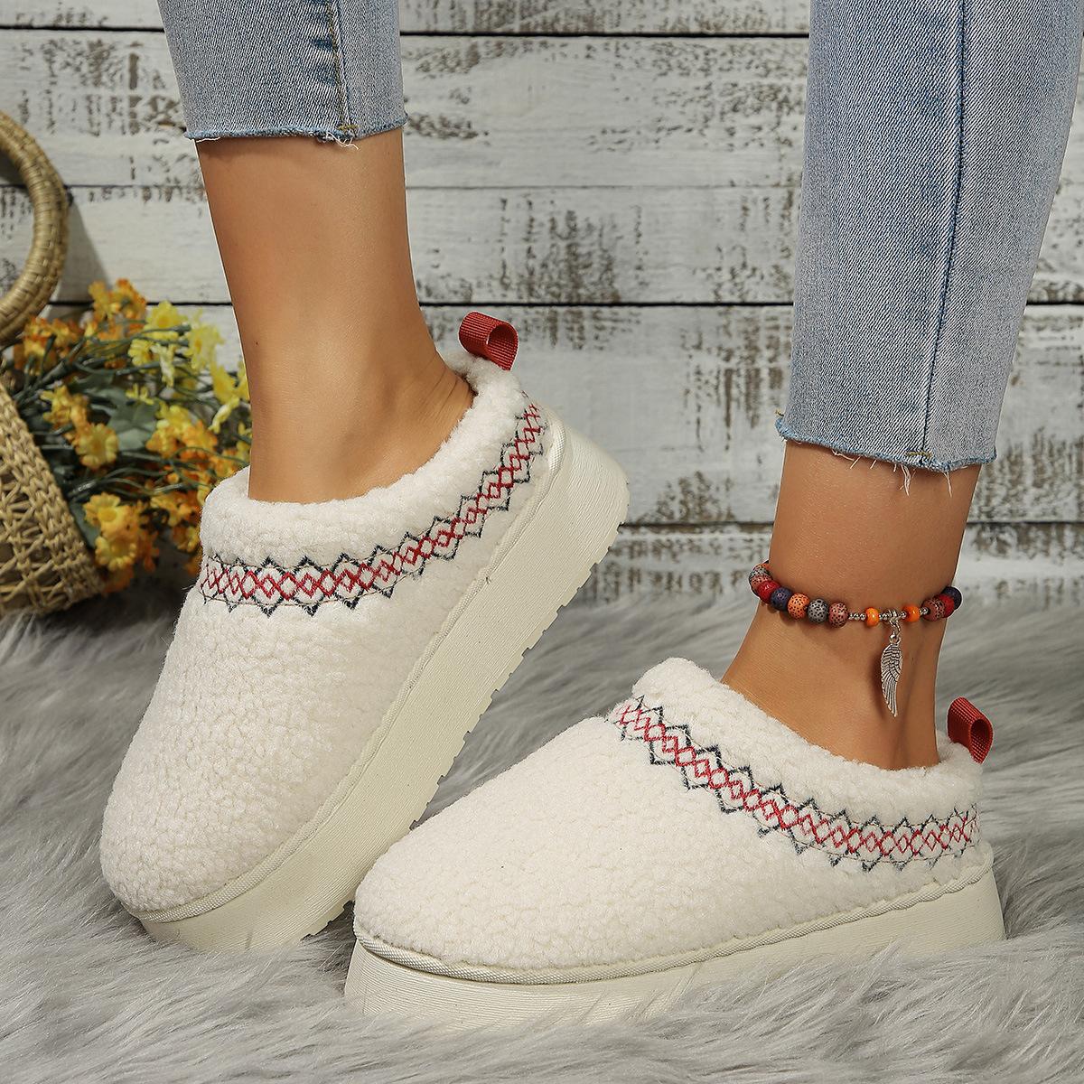 

Зимние ботинки в этническом стиле с толстой подошвой, меховые, полутапочки, женские, осенне-зимние, новые, с носками, для улицы, тапочки из хлопка на платформе с флисовой подкладкой 36 белый