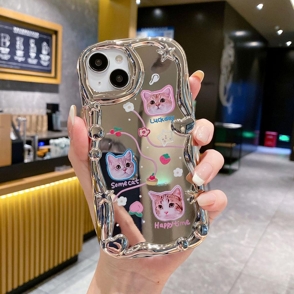 Three Dimensional Wave Electroplating Suitable for Apple 16PRO Cute Cat Phone Case IPhone XR Mirror Flash Drill Soft Case