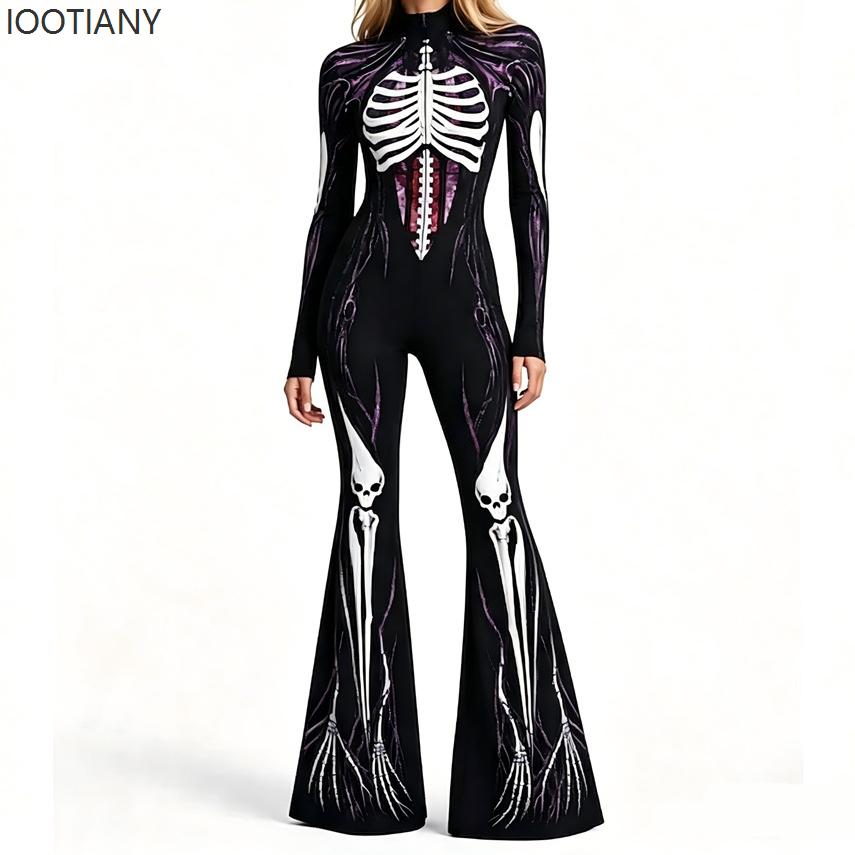 Women Christmas Flare Jumpsuit Candy Cane Snowflake Pattern Bell Bottom Skull Bodysuit Halloween Xmas Clubwear Party Costume