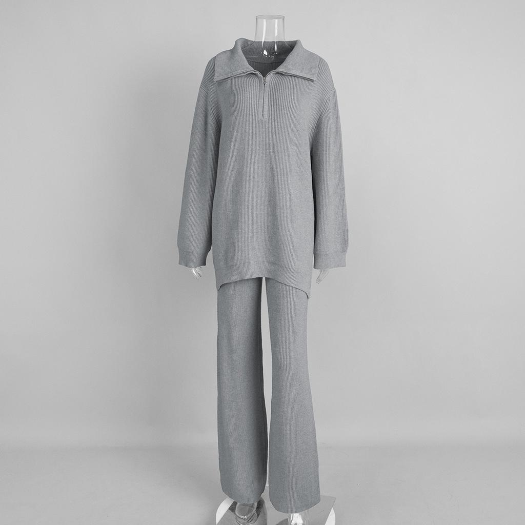 2025 Herbst Winter Neues Damen Strickpullover Set mit Halbreißverschlusskragen Langarm Weitbein Hose Outfit für Europa und Amerika
