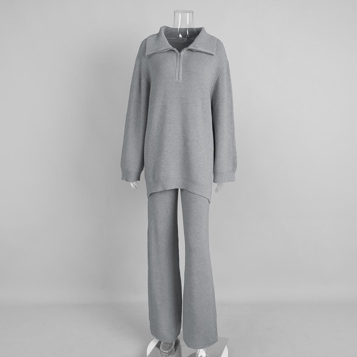 

Новый женский вязаный костюм на осень-зиму 2025 года с воротником на молнии, длинными рукавами и брюками палаццо для Европы и Америки S серый