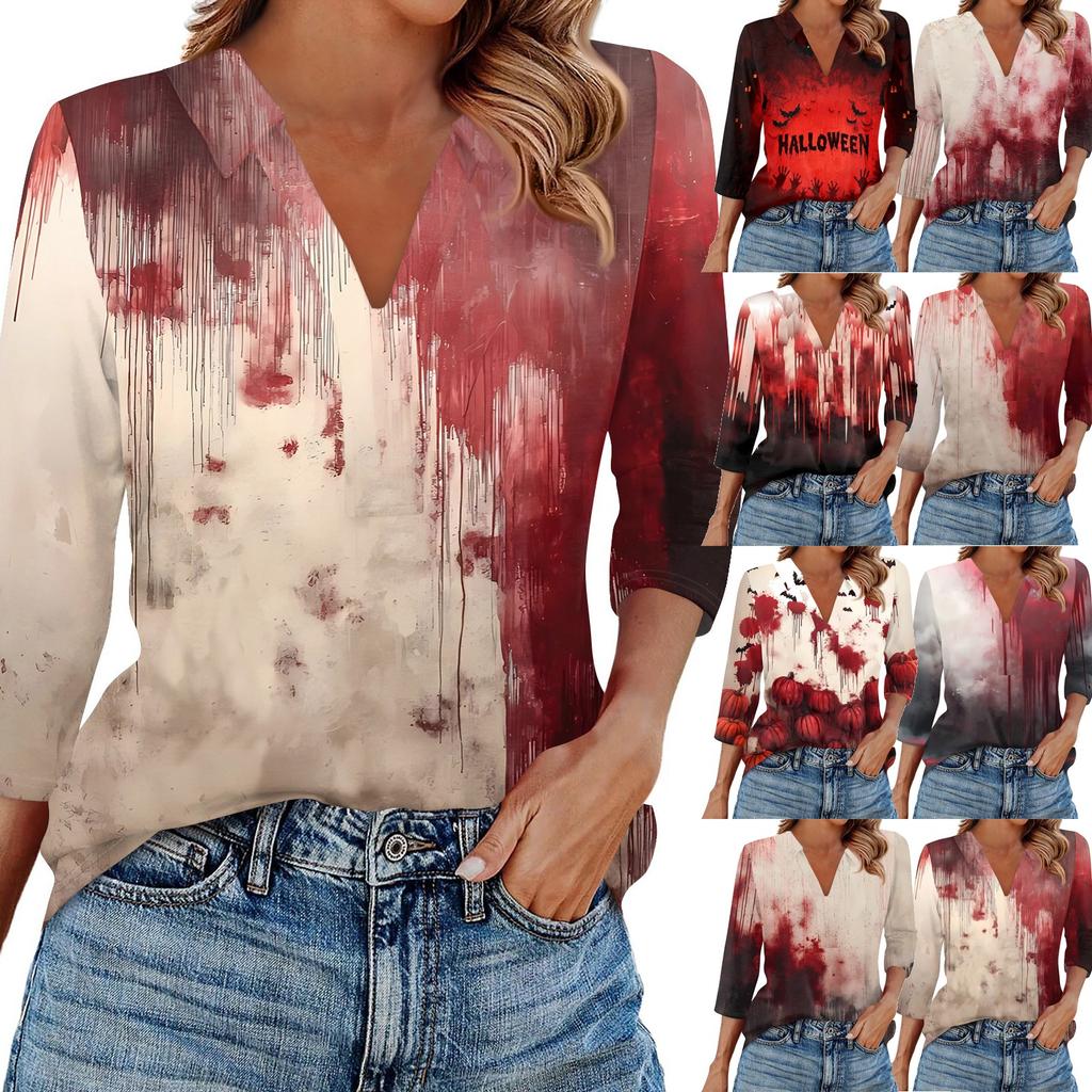 Women's Fashion Casual Lapel 3/4 Sleeve Halloween Print Shirt Women's V-Neck Tops