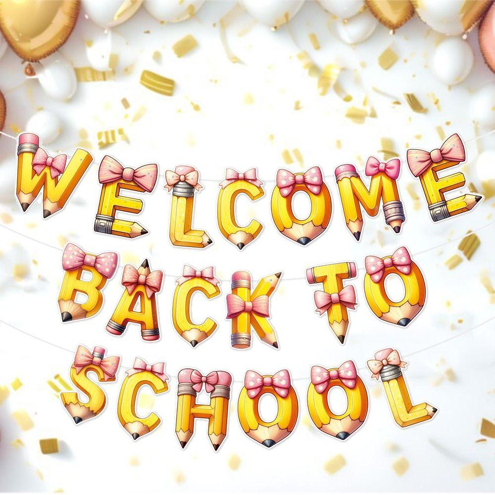 Cartoon Welcome Back To School Banner Pencil Background Hanging Flag Classroom Kindergarten