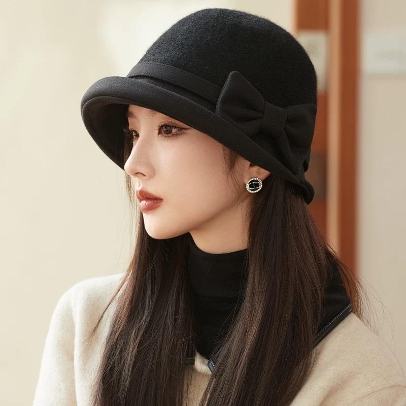 French Style Splicing Fisherman Hat Winter Warm Bow Decor Elegant Lady Hat