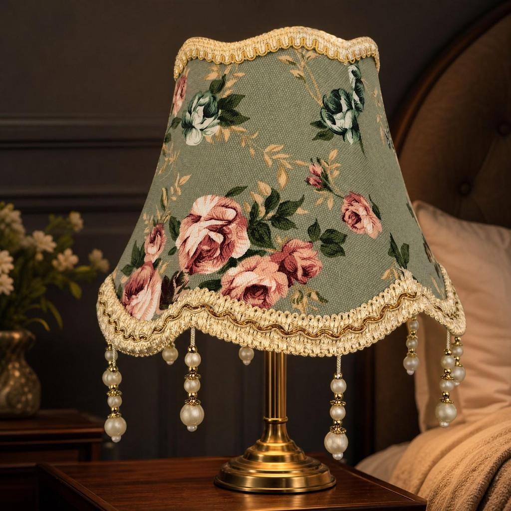 Floral Jacquard Lampshade Light Green with Hanging Bead Ornaments Tapered for Bedside
