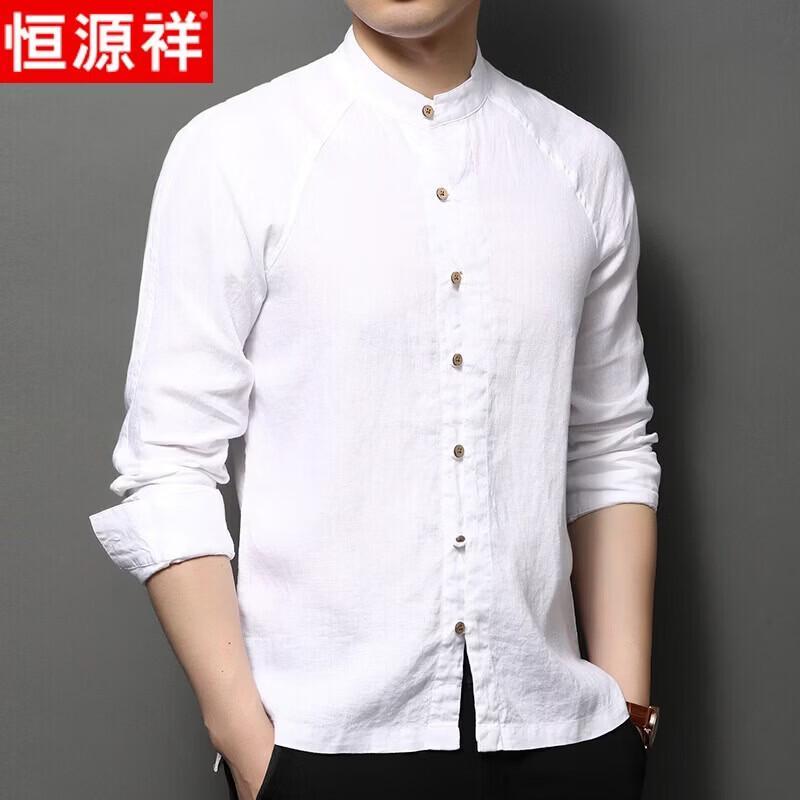 Hengyuanxiang Men's 100% Linen Chinese Stand Collar Long Sleeve Shirt
