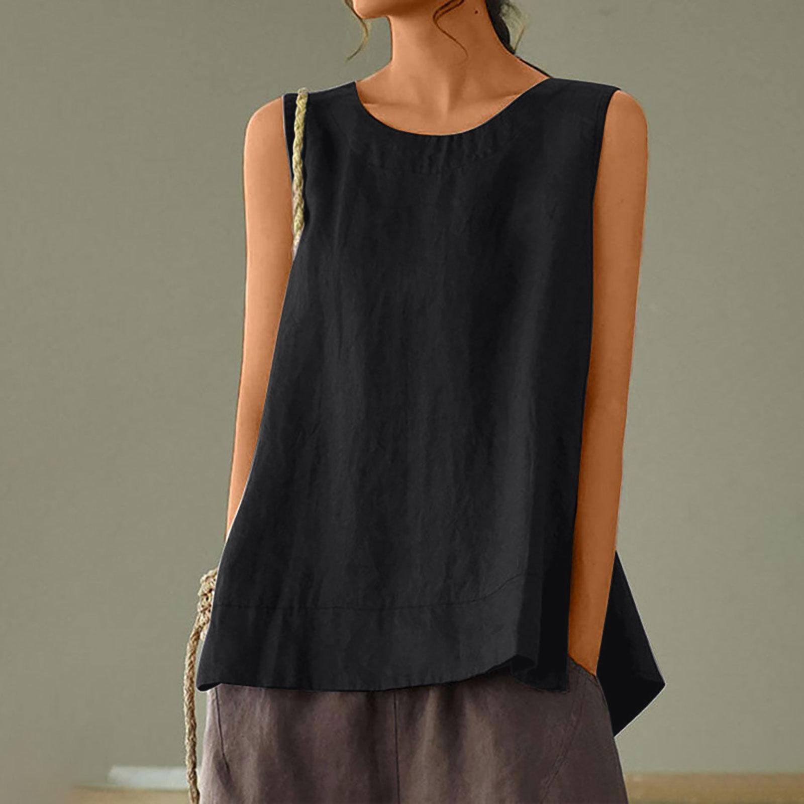

Large size loose casual cotton and linen solid color sleeveless top T sling vest large size sling vest female fat mm S чёрный
