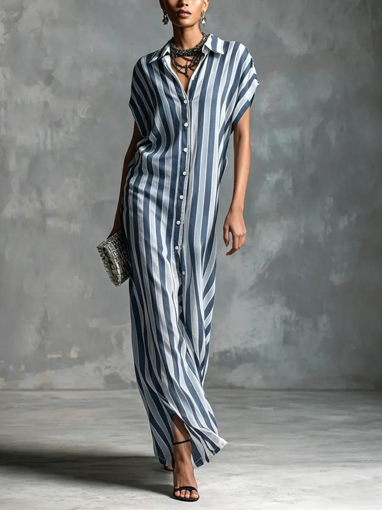 European and American Independent Station Cross-border Fashion Loose Lapel Long Striped Summer Popular Short Sleeve Women's Shirt Dress