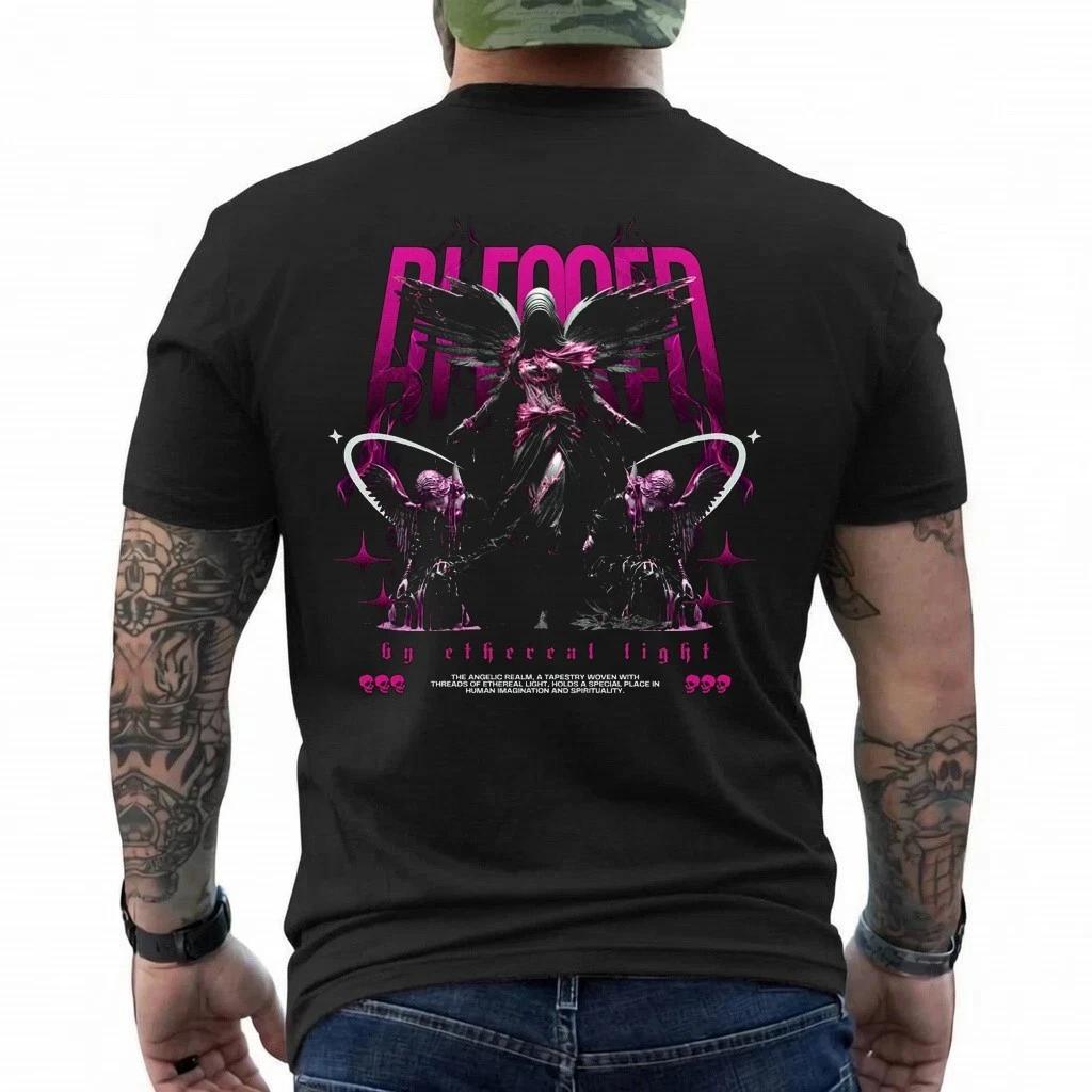 Blessed Dark Angel T-Shirt Pink Gothic Winged Graphic Tee Streetwear Unisex 3XL