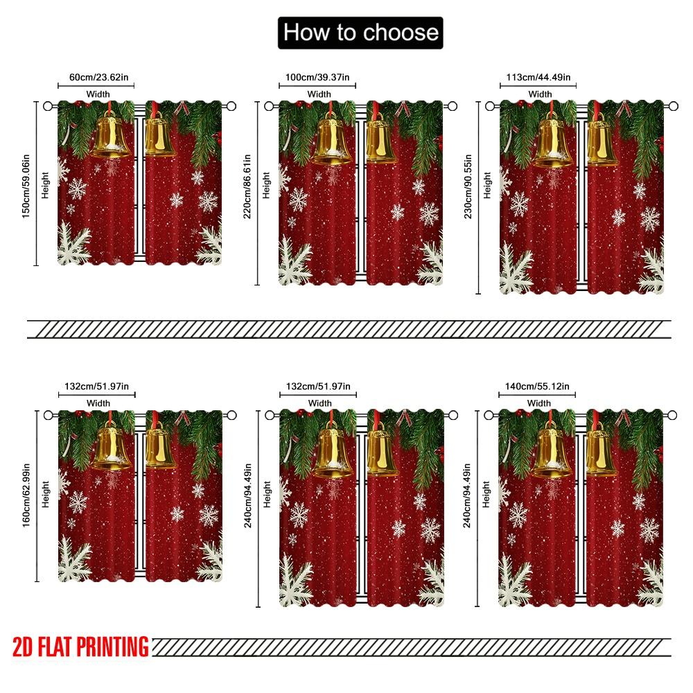 2pcs,2D Plane Printing Popular Curtain Panels Christmas Bell Snowflake Garland Polyester Easy Install (without Rod) Home Decor