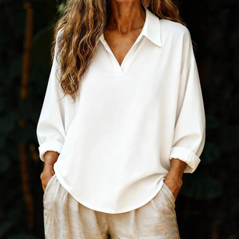 Women's Amazon Spring Shirt Collar Long Sleeve Pullover Solid Color Loose Women's Shirt