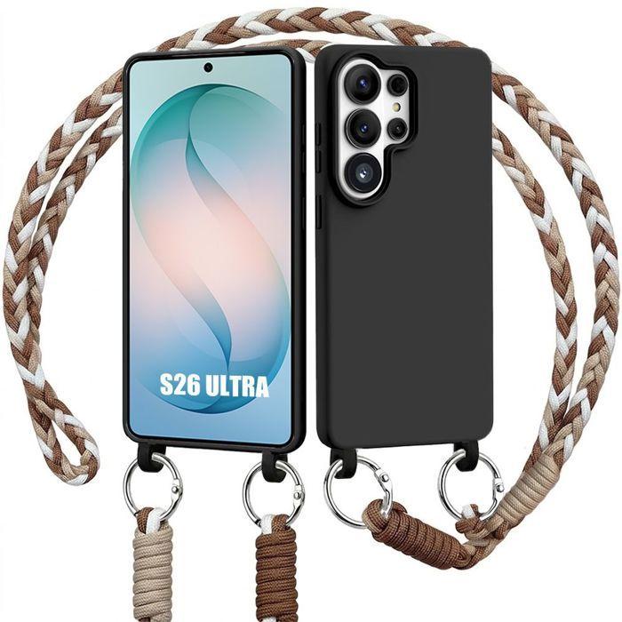 Coque pour Samsung Galaxy S26 Ultra, Antichoc Anti-Rayures Silicone Noir avec Cordon Marron