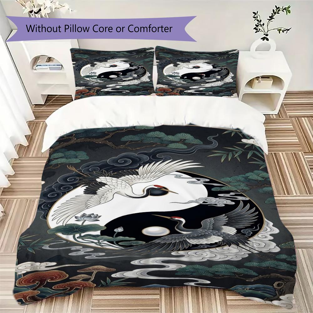 crowned Crane Pattern Bedding uilt Set uilt Cover Pillowcase Home Decoration Birthday Gift (1 * duvet cover + 2 * pillowcase without core)98