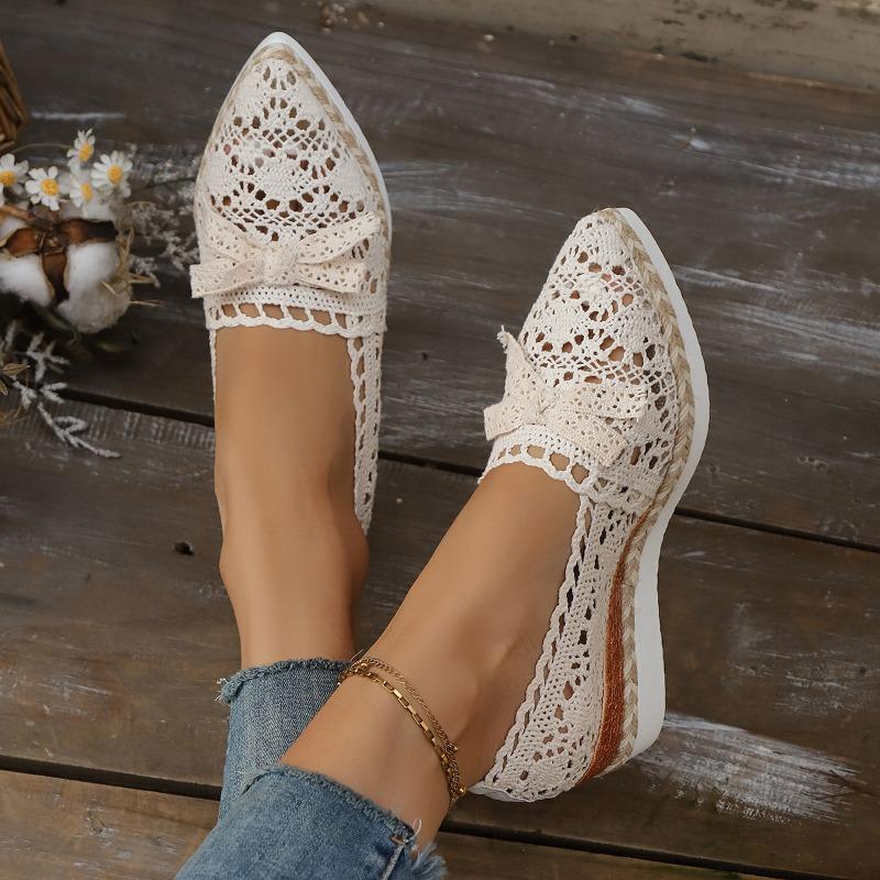 Fashion Woven Mesh Cutout Breathable Bow Single Shoes Autumn New Pointed Toe Mid-Mouth Platform Slip-Proof Heels