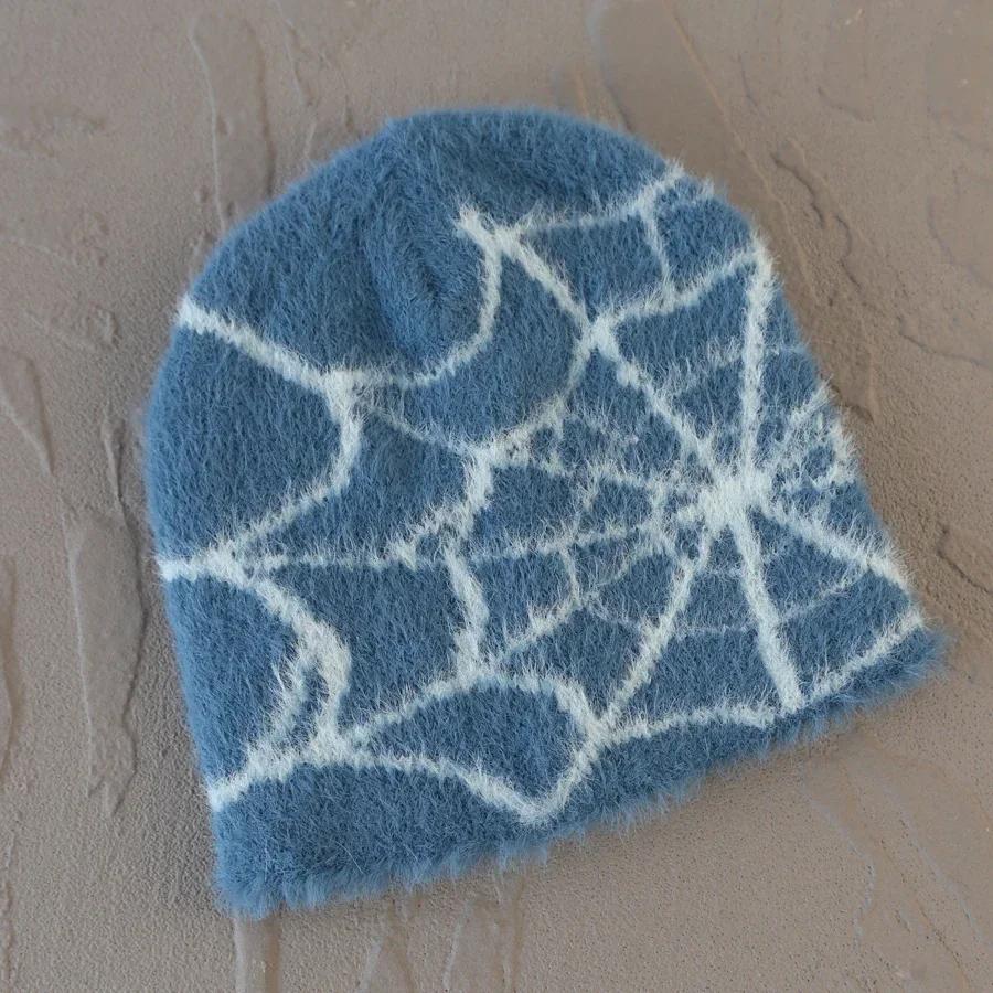 Fashion Plush Knit Spider Web Design Hat For Men Women Pullover Pile Cap Y2K Goth Warm Beanie Hats New Hip-Hop Street Cap